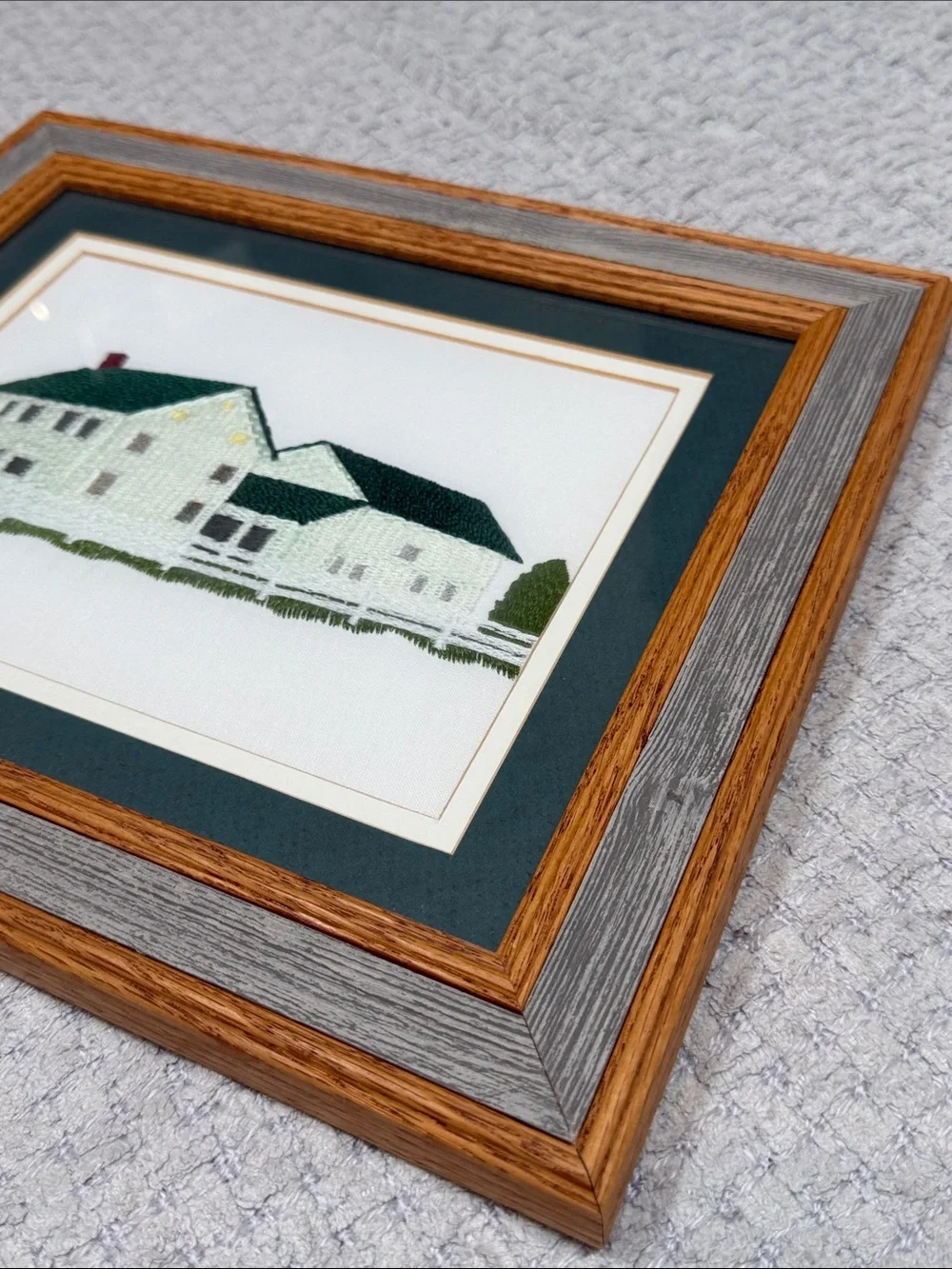 Vtg Needlepoint Embroidered White Farmhouse Crewel Barn wood Frame Wall Hanging